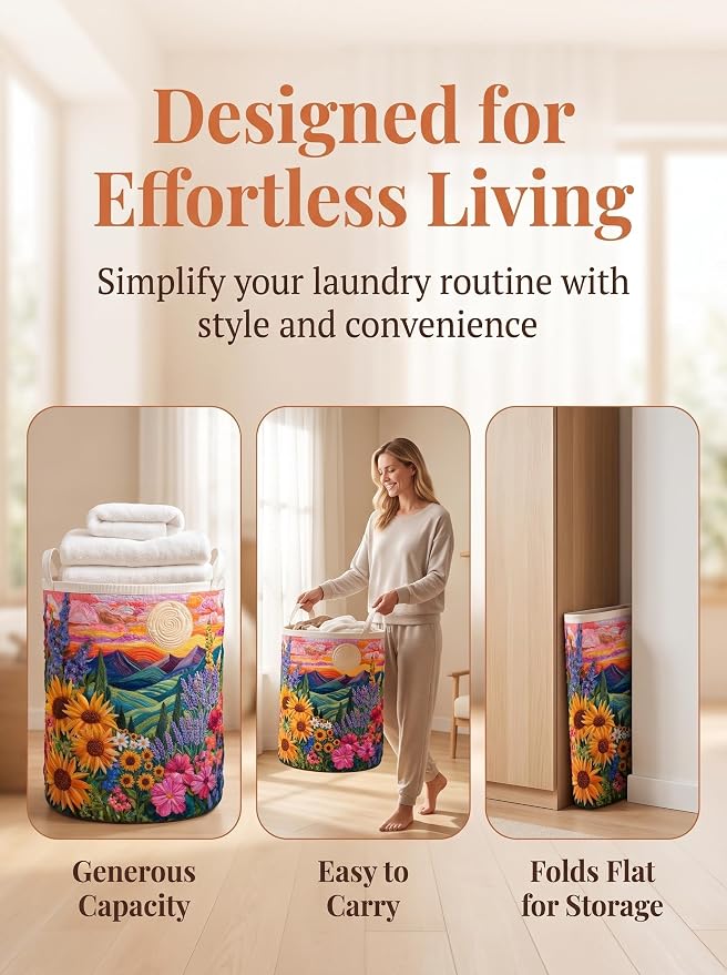 Quilted Laundry Basket with Handles, Boho Floral Quilted Storage Hamper, Large Capacity Laundry Hamper for Nursery Bedroom Laundry Room Home Decor (Pattern 12, Large (28"H x 20"W x 20"L))
