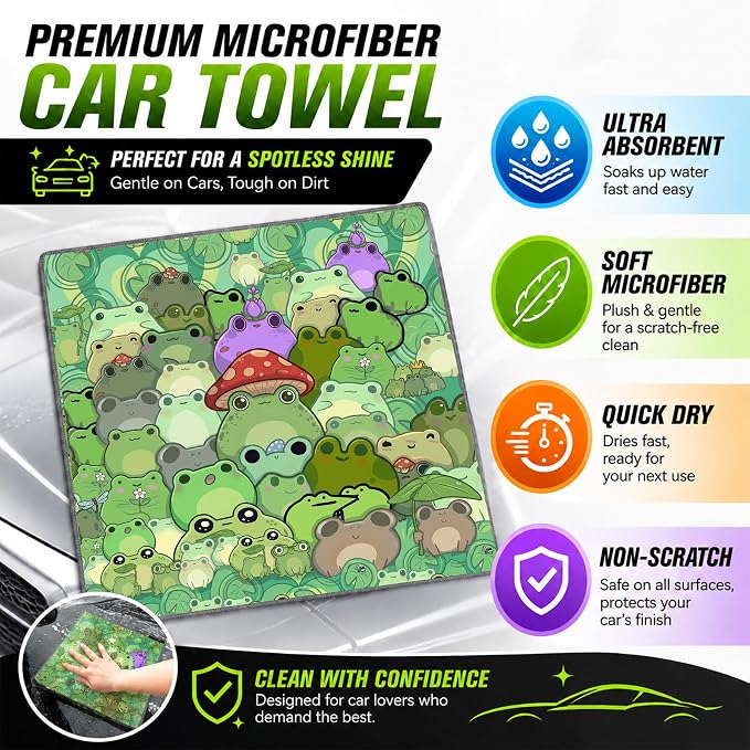 Frog Microfiber Towels for Cars, Scratch-Free Auto Cleaning Cloths | High-Absorbency Microfiber Clean Cloths Lint-Free Scratch-Free for Glass,Paint 11.8 x 11.8 inch,Frog Gift for Nature Lover