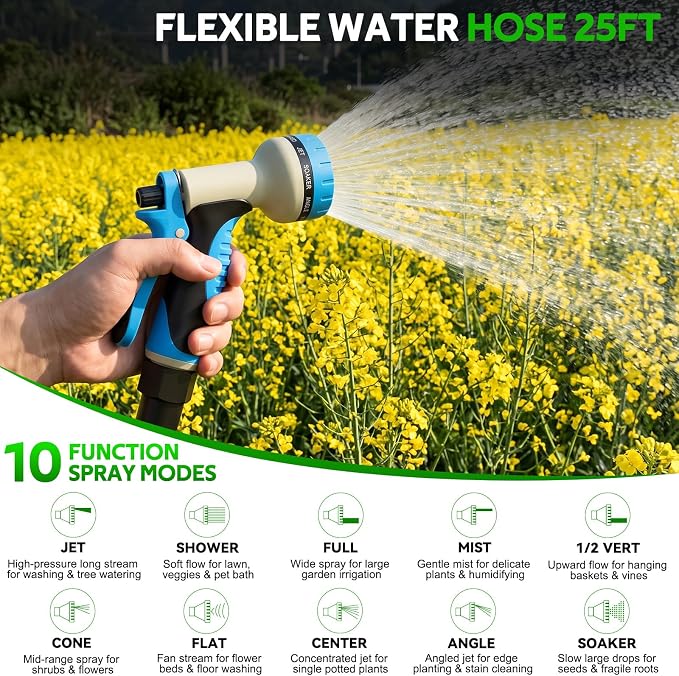 Non-Expanding Garden Hose 25ft w/10 Function Nozzle, Lightweight Water Hose