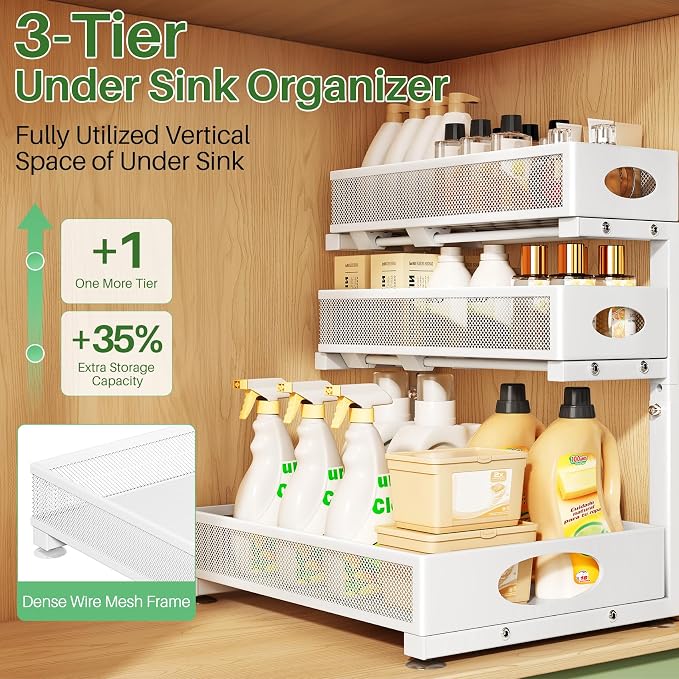 Kitstorack Under Sink Organizer 3-Tier Slide Out Drawer for Bathroom 2-Pack | Height Adjustable, Metal Mesh Storage Rack, Pull out Cabinet Organizer Shelf for Kitchen Pantry Home Laundry Organization