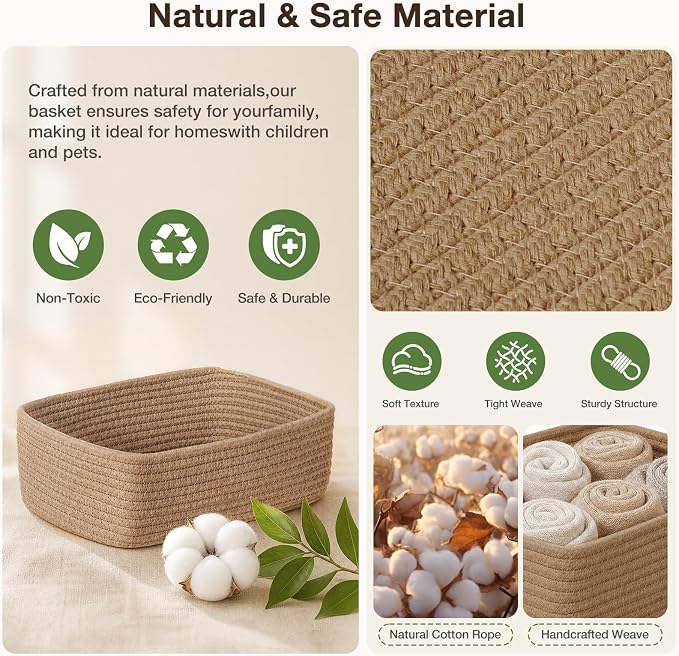 3 Pack Small Baskets for Organizing, Woven Storage Baskets for Shelves | 11.8x7.8x3.8 in Cotton Rope Baskets, Toy Baskets Storage Kids, Basket Organizer, for Living Room, Bedroom, Nursery, Mix Brown