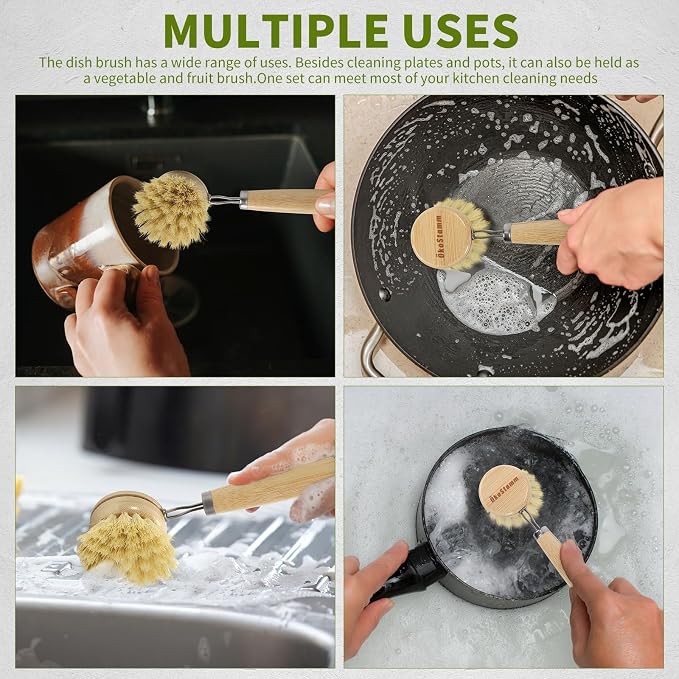 Long Handle Bamboo Dish Brush Set with 4 Replacement Brush Head | No Plastic, Bamboo Handle and Sisal Bristle, Natural Dish Scrubber Brush, Used for Cleaning Dish, Pan, Pot, Fruit and Veggie