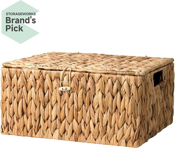 StorageWorks Wicker Basket with Lid, Storage Baskets with Lids, Hyacinth | Woven Baskets with Lids for Shelves, Wicker Storage Baskets with Lids, Lidded Baskets for Organizing, Large, 1 Pack