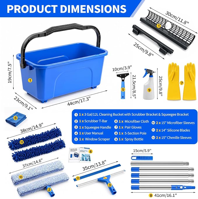 19-Piece Window Cleaning Kit with 3 Gal Cleaning Bucket, Professional 14" Window Squeegee & 15" Window Scrubber with 78" Extension Pole, Window Washing Tools for Home, Car, RV and Outdoor Glass