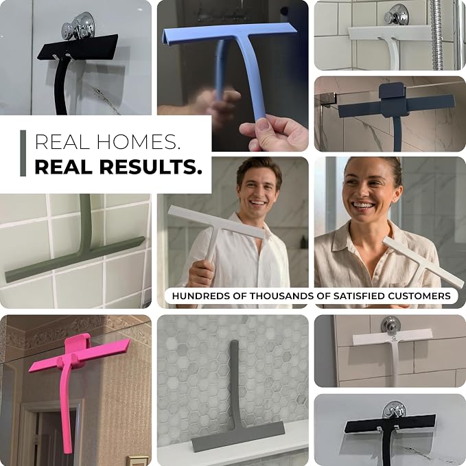Silicone Shower Squeegee with 3-in-1 No-Drill Mount, White, 9'' | Squeegee for Glass Doors & Mirrors with Stainless Steel Core, Streak-Free & No-Squeak Window Cleaning, Hook/Suction/Adhesive