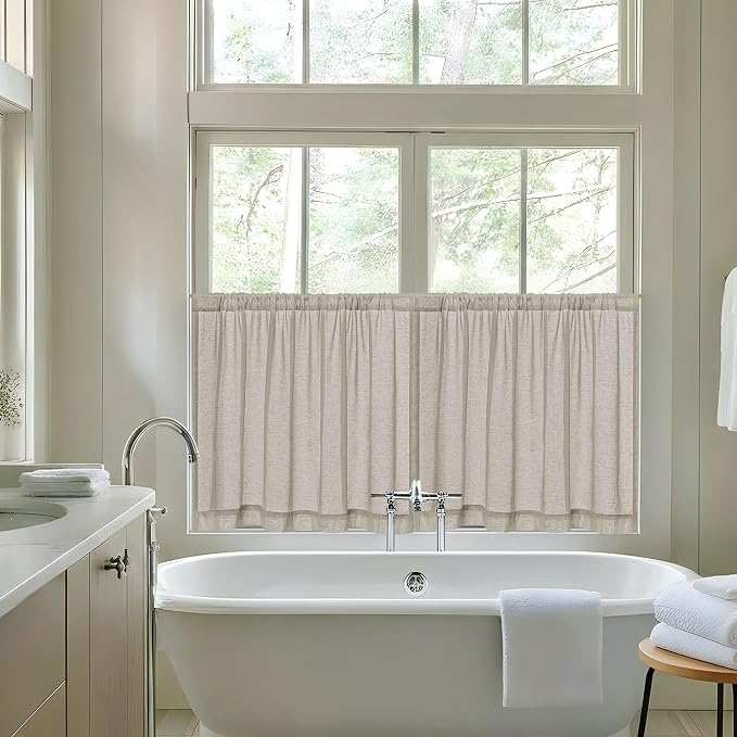 24 Inch Long Bathroom Small Curtains 2 Panels Dual Rod Pocket Linen | Boho Rustic, Semi Sheer Light Filtering Drapes, for Bathroom Kitchen, Half Window RV Curtain, 34x24 Inch, Dark Taupe