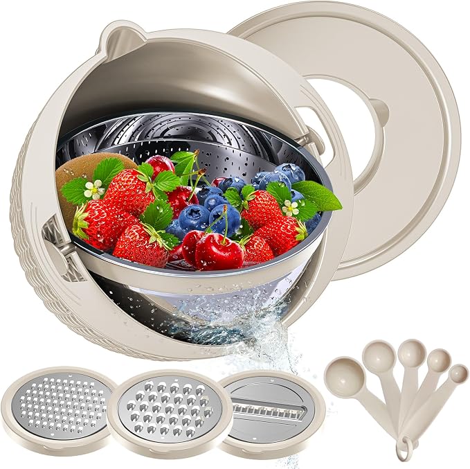 4-1 Colander with Bowl & Spoons Set - Rotatable Colander for kitchen with New Upgraded Graters, Food Strainer(Patented) for Pasta, Fruits, Vegetables, Funny Presents for Women, Beige