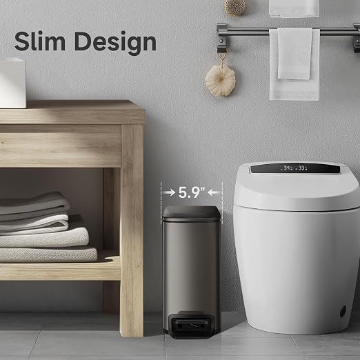 TIPGO Small Bathroom Trash Can with Lid, 1.6 Gal, Soft Close, Black Gold | Foot Pedal, Soft Quiet Lid, 5.9'' Slim for Narrow Space, Stainless Steel, Anti-fingerprint, Removable Inner Bucket, Odor Seal