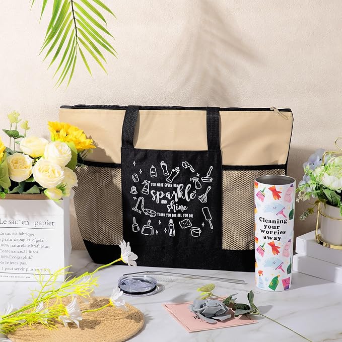 Sieral Housekeeping EVS Week Appreciation Gift, Housekeeper, Khaki | Insulated Tumbler 20oz & Large Tote Bag Set for Women Custodian School Healthcare Cleaning Crew House Cleaner Maid Janitor