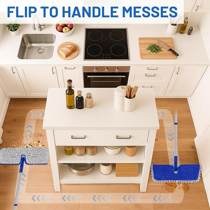 2-Sided Microfiber Dust Mop for Hardwood Floors & Walls | Flat Flip Head, Wet Dry Use, 3 Chenille & Microfiber Pads, 58" Handle, 360° Swivel, Sweep Pet Hair, Tile, Laminate, Kitchen