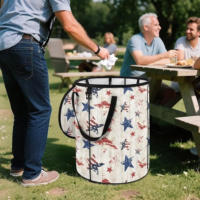 Collapsible Garden Leaf Bin Reusable Container Bag 24 Gallon Large Capacity Foldable Trash Can with Lid and Handle for Camping Outdoor Picnics, American Flag Print