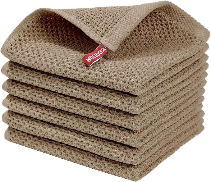 Homaxy 100% Cotton Waffle Weave Kitchen Dish Cloths 6-Pack, Tan | 12 x 12 Inches, Ultra Soft Absorbent Dish Towels, Quick Drying Dish Rags with Hanging Loop