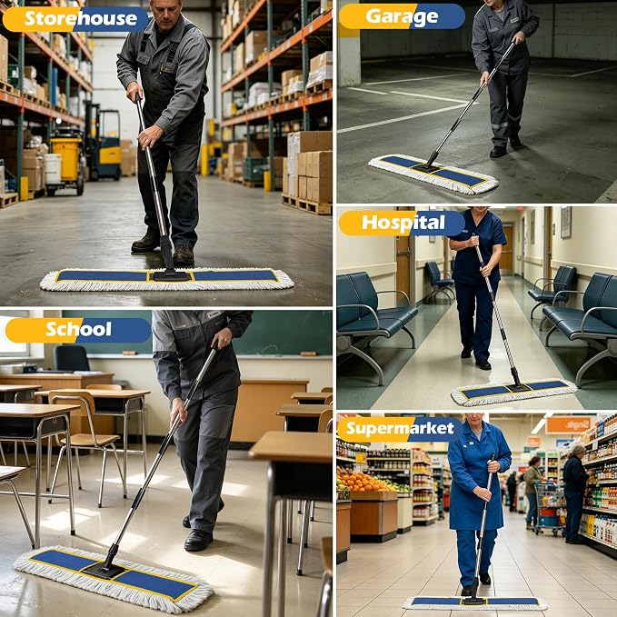 40" Commercial Dust Mop for Floor Cleaning, Heavy Duty Industrial Mop | Large Flat Mop with 64" Long Handle, Push Mop with 2 Mops Pads, for Hardwood, Tile, Gym, Office, Mall, Warehouse