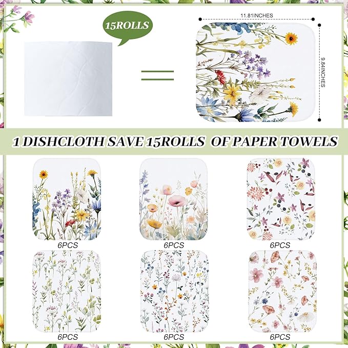 Reusable Kitchen Cloths Cotton Towel, 36 Pack, Wildflowers | Washable 9.84x11.81in, Paperless Towel Rolls Bulk, Cleaning Cloth Napkins for Dishes