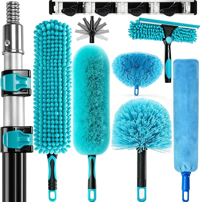 FIDISP 20FT High Ceiling Duster Kit 4.5-12ft Extension Pole Heavy Duty 9PCS | Ceiling Fan Cleaner Duster & Spider Web Brush Ideal For Home, Commercial Ceilings. Non-Shaking Cleaning Windows & Outdoor