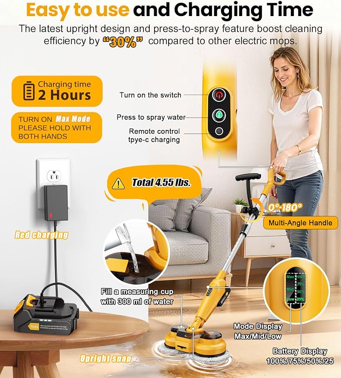 qimedo Cordless Electric Mop M3, 6000mAh, 2-in-1 Power Scrubber & Mops | 800RPM Floor Scrubber Machine, Automatic Spin Mops with Smart Display, Rotating Mop with LED Light & Water Spray