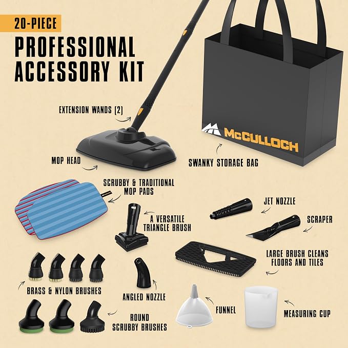 McCulloch MC1375 Canister Steam Cleaner, 90 Min Runtime, 20 Accessories | Jet Nozzle, Brushes, & More - Steam Cleaner for Home, Tile, Carpet, Furniture, & Personal Car Detailing