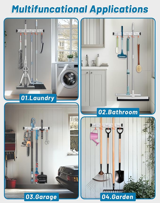 Mop and Broom Holder Wall Mount Garden Tool Rack Organizer | Modern Style, Movable Aluminum Alloy Wall Mounted Hook, Storage Gift for Bathroom, Closet, Laundry Room, Garage, Tool Room