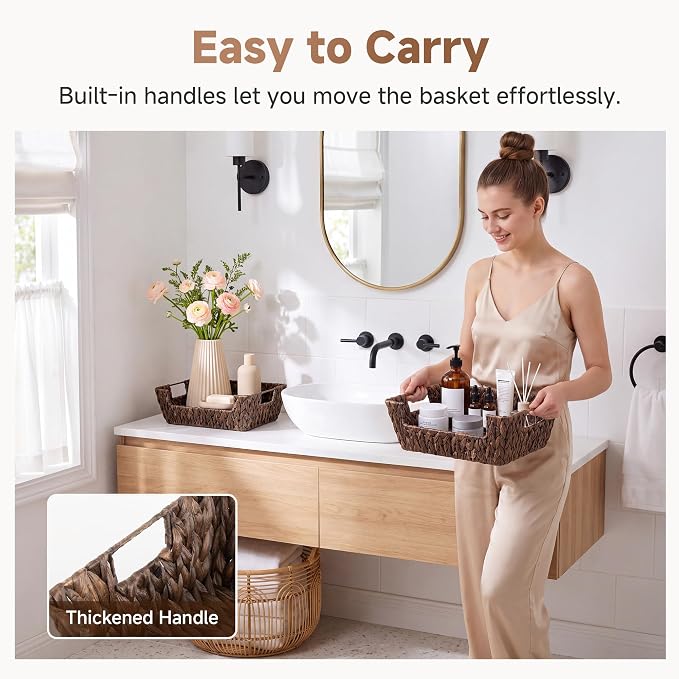 StorageWorks Pantry Baskets for Organizing, Hyacinth Wicker Storage Baskets | Wicker Storage Baskets for Shelves, Rattan Basket with Handles for Home Storage, 2 Pack Decorative Woven Baskets, Brown