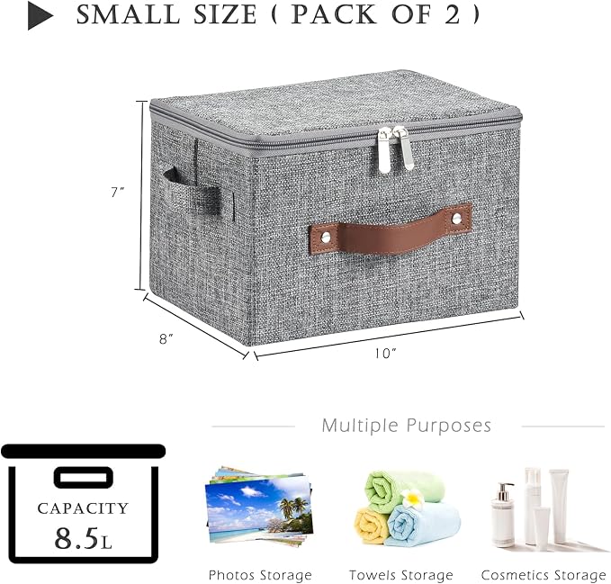 2PCS Storage Bins with Zipper Lids Decorative Lidded Basket Box | Clothes Container, Closet Shelf Organizer, Foldable Washable, Cotton Linen Fabric, w/ PU Leather Handles, Gray, Small