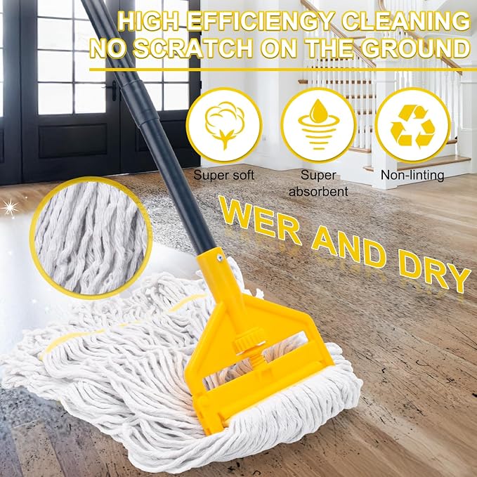 KeFanta 2 Pack Commercial Mop Heavy Duty Industrial Mops,60" Long Handle | Looped-End String Cotton Wet Mop Head Replacement, for House,Kitchen,Laminate,Tile,Vinyl,Hardwood Floor Cleaning