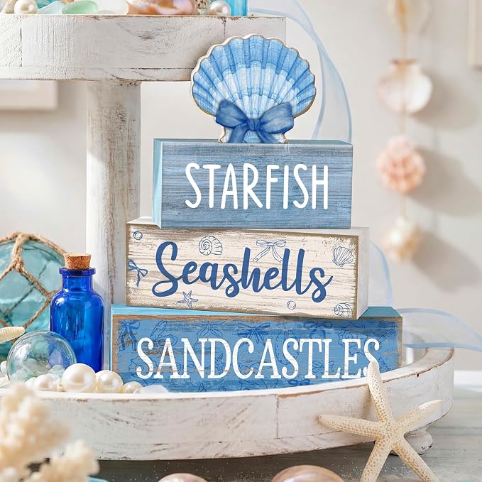 Moucuny 4 Pcs Beach Wooden Signs Table Decor with Shell, Tiered Tray | Coastal Nautical Theme Rustic Style, Summer Home Kitchen Centerpiece, Decorative Blocks for Tiered Trays