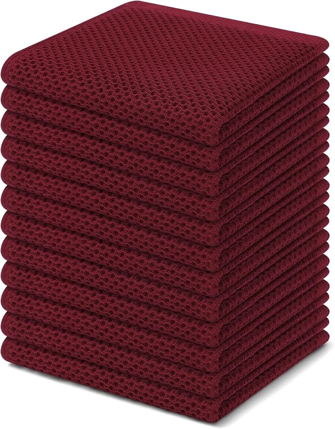 Homaxy 100% Cotton Waffle Weave Kitchen Dish Cloths 12-Pack, Burgundy | 12 x 12 Inches, Ultra Soft Absorbent Dish Towels, Quick Drying Dish Rags with Hanging Loop