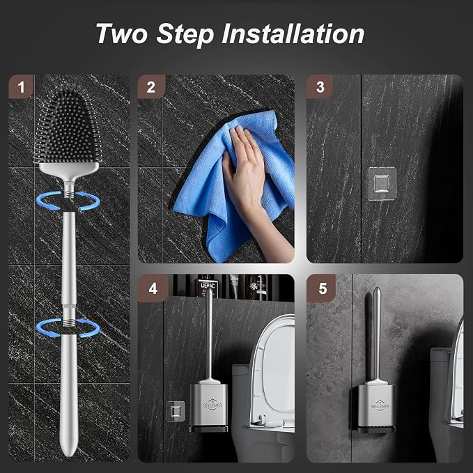 Silicone Toilet Brush, Ventilation Slots Base Holder 1 Pack Silver | Flexible Bristles Flat Head for Rim, Hair Tangle-Free, Easy to Clean, Compact Design, Rustproof Handle, for Toilet/Sink/Tub