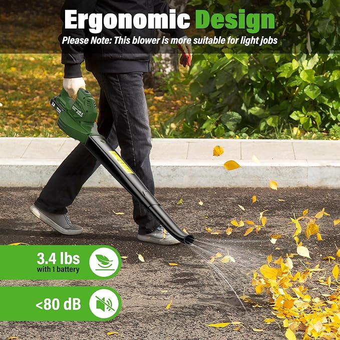 SEYVUM Leaf Blower 20V Cordless, with 2 x 2.0Ah Battery, 350 CFM 150 MPH | 15000 RPM, for Patio Cleaning, Fast Charger Included, Dark Green