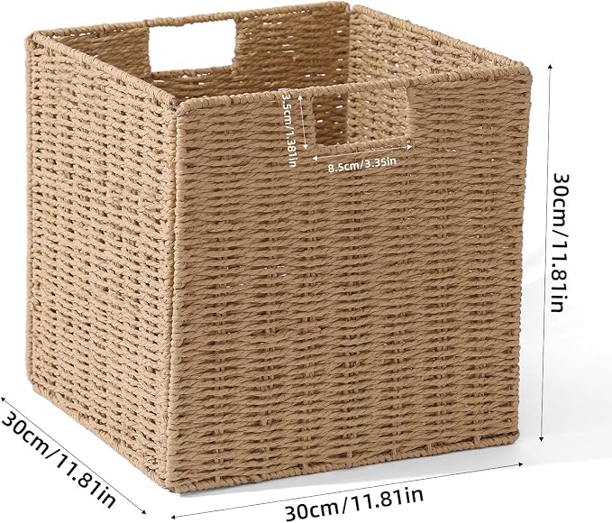 12x12x12in Wicker Storage Baskets for Shelves, Set of 2 Hand-Woven Paper Rope Wicker Basket,Foldable Cube Storage Bins, Natural Color Storage Cubes, Square Baskets for Organizing Decor