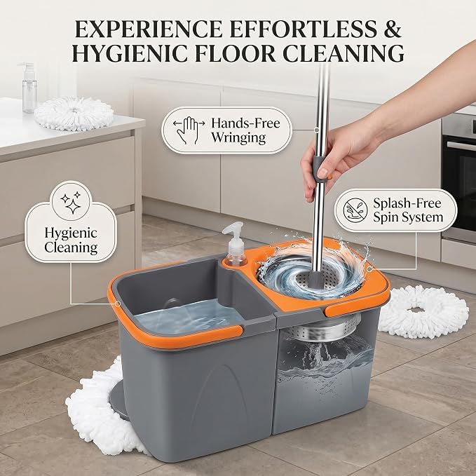 Spin Mop and Bucket Set with 3 Extra Heads, 130cm Extendable Handle - Grey and Orange, Microfibre Mop Head, Self-Wringing System, for All Hard Floors and Tiles