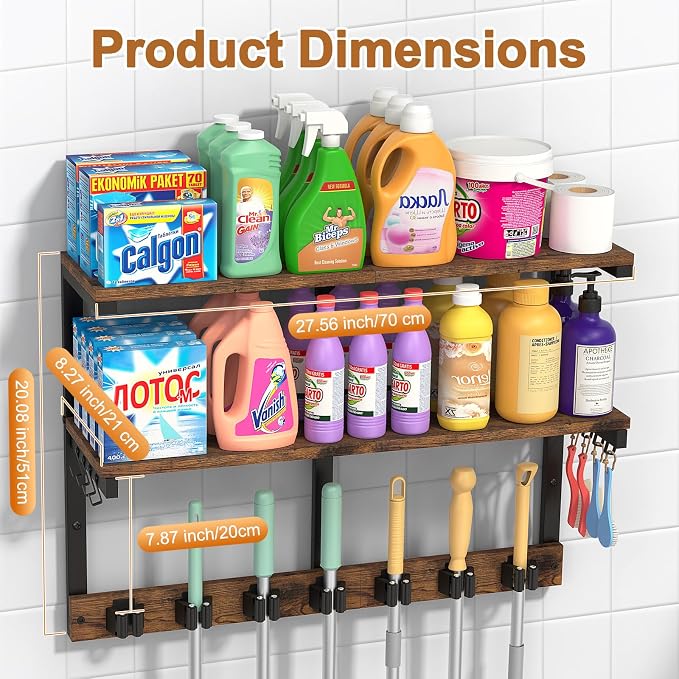 Housolution Wall Mount Broom Holder Hanger Laundry Room Storage Shelves | 2 Tier Large Capacity, Thickened Metal Frame, 100 LBS High Load-Bearing, Multifunctional with 7 Grippers & 8 Hooks