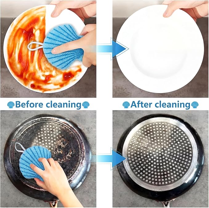 12 Pcs Shell Sponge Dish Scrubber Dual Sided Non Scratch Dish Washing Scrubbers Reusable Household Cleaning Kitchen Tools for Dishwashing Washing Dishes Cookware Tubs Sinks
