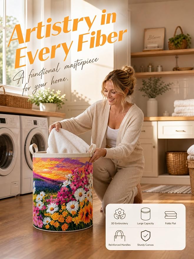 Quilted Laundry Basket with Handles, Boho Floral Quilted Storage Hamper, Large Capacity Laundry Hamper for Nursery Bedroom Laundry Room Home Decor (Pattern 01, Small (18"H x 14"W x 14"L))