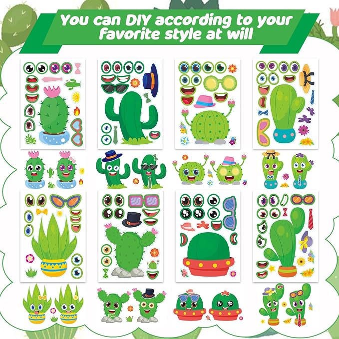 24 Sheets Cactus Make a Face Sticker, Make Your Own Cactus Stickers Mix and Match Sticker for Home School Classroom Crafts Activities Reward Birthday Party Favors