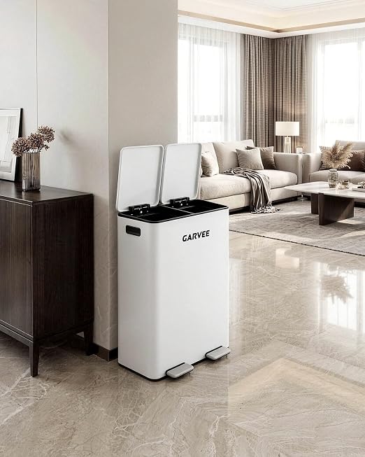 Garvee 16 Gal Dual Compartment Stainless Steel Trash Can with Inner Buckets | White Step Pedal Trash Can, Heavy Duty Recycling Bin with Lid & Step Pedal, for Kitchen, Office, Home, Commercial Use