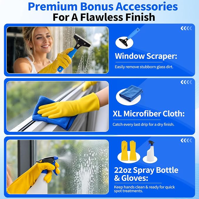 19-Piece Window Cleaning Kit with 3 Gal Cleaning Bucket, Professional 14" Window Squeegee & 15" Window Scrubber with 78" Extension Pole, Window Washing Tools for Home, Car, RV and Outdoor Glass