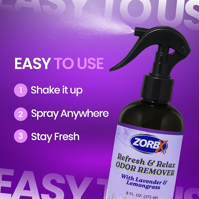 ZORBX Refresh & Relax Lavender Lemongrass Odor Remover Spray 8 Oz, 1-Pack | Natural Room Deodorizer for Medical Rooms, Closet, Home, Bathroom, Furniture, Carpet, Car, Gym & Laundry, Permanent Solution