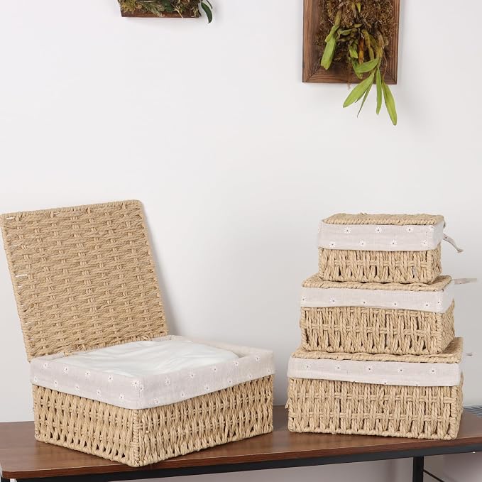 FEILANDUO Wicker Shelf Baskets Bin with Lid, Handwoven Paper Rope Baskets for Organizing, Rectangular Basket for Storage, Desktop Boxes with Lids Home Organizer Decor, Medium