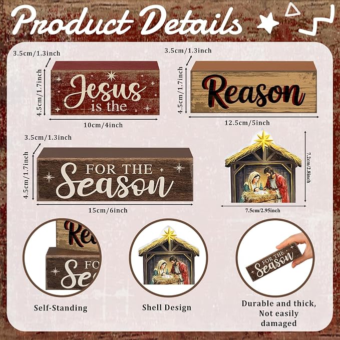 Moucuny 4 Pcs Christmas Table Decor Christian Nativity Scene Wooden Blocks | Tiered Stacked Centerpiece for Shelf Mantel, Rustic Christmas Holiday Decor with Manger Scene Star Topper, Layered Display