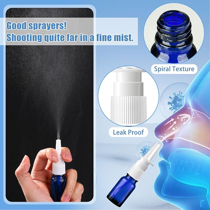 10 Pcs Nasal Spray Bottle, 10ML/0.35OZ 6 Pcs Glass Blue Refillable Fine Mist Nasal Spray Bottles Empty with 2 Pcs Funnels and 2 Pcs Labels