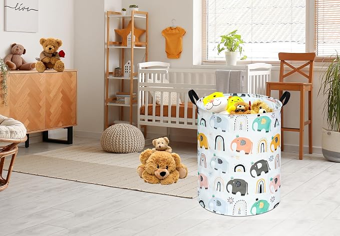 Round Rainbow elephant Pattern Laundry Hamper Clothes Storage Basket Fabric Storage Hamper Organization Storage Bin, Nursery Box,Gift Basket with Handles
