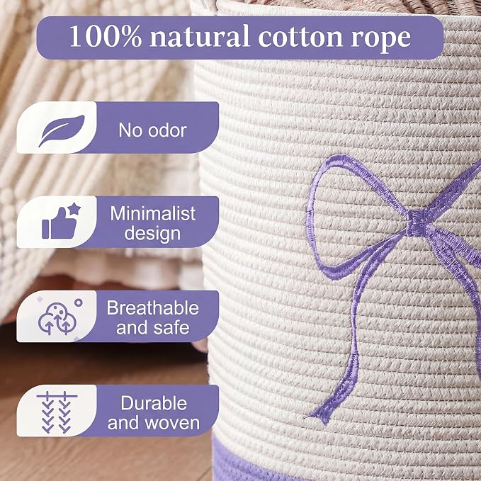 Honeydak Purple Laundry Basket Bow Hamper Coquette Laundry Basket Cotton Rope Purple Hamper 15 x 17.7 Inches Toy Box Large Coquette Bow Teens Girls Room Storage for Blanket Toys Clothes Organization
