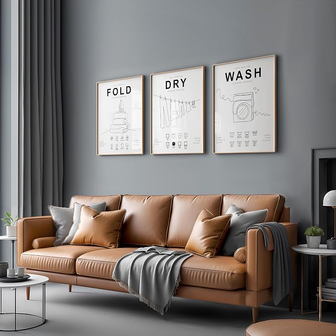 Poster Master 3-Piece Wash Dry Fold Print - Laundry Poster - Line Drawing Art - Black & White Design - Symbols & Guide Art - Minimal Laundry Room Decor - 24x32 UNFRAMED Wall Art