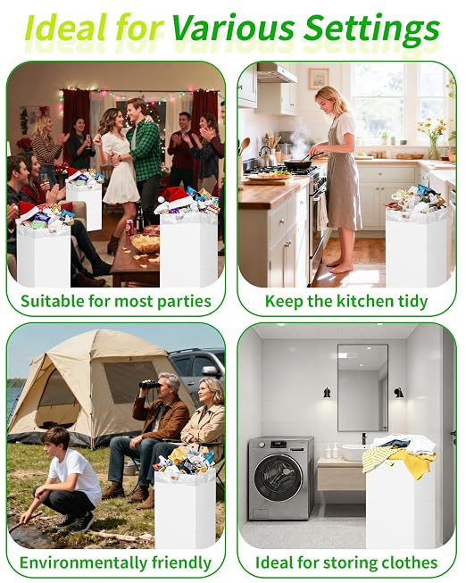 Kaiferty 20 Gallon Disposable Trash Cans for Parties, 2 Pack Extra Large Collapsible Pop Up Trash Can with Handles, Portable Cardboard Garbage Can & Recycling Bin for Party Kitchen Camping, White