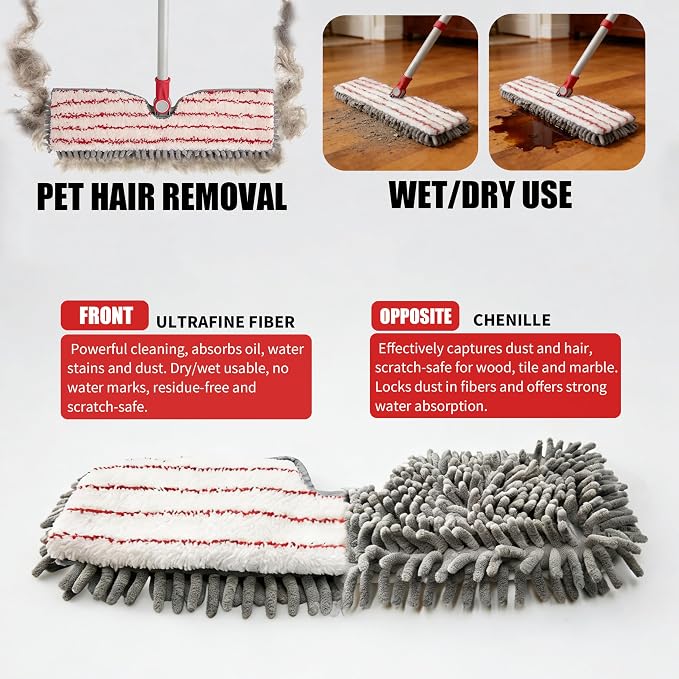 Microfiber Flat Mop 360° Rotating for Floor Cleaning, Wet Dry Dust Mop with 2 Washable Chenille Pads, Coated Iron Pole, Hardwood Floor Wall Baseboard Cleaner, Quick Shine Floors Finish