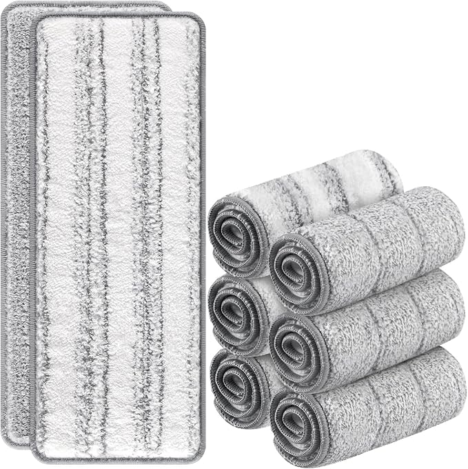 6 Pack Flat Mop Pads for Joymoop Mop and Bucket Set with Wringer | Washable & Reusable Microfiber Mop Head Refills for Oshang Bosheng Mop, 13" X 4.9", 6 Pack Grey/Stripe