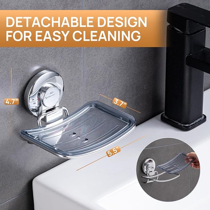 LEVERLOC Chrome Suction Cup Soap Dish Holder for Shower Wall Drill-Free Rustproof Waterproof Wall Mount Strong Suction Removable Bar Soap Sponge Holder for Bathroom Bathtub Kitchen