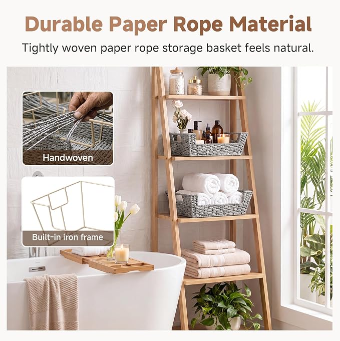 StorageWorks Pantry Baskets for Organizing, Large Wicker Basket for Storage | Wicker Storage Baskets for Shelves, Paper Rope Rattan Baskets with Handles, 2 Pack Woven Basket for Shelf Storage, Gray