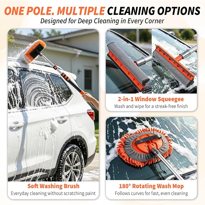 144'' Car Wash Brush with Long Handle Cleaning Kit | Scratch-Free Soft Bristle Wash Brush, Microfiber Mop, Window Squeegee, Wheel Brush, Mitt, Bucket, For RV, Truck, Boat, SUV
